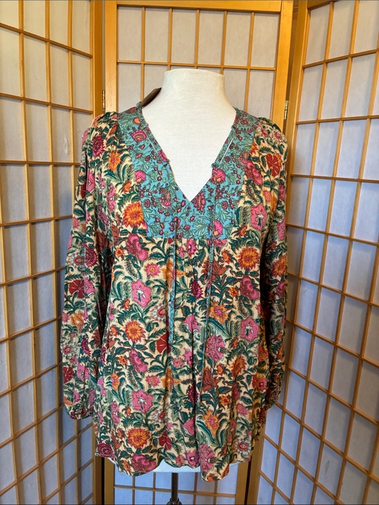 NATURAL LIFE Tops - Natural Life Floral Boho V-Neck Tunic Top in Teal, Red, Pink & Mustard